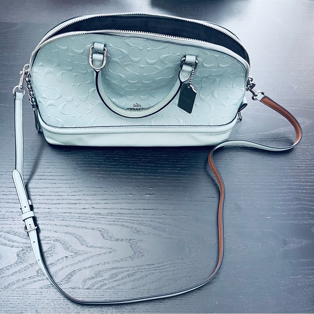 Coach Light Blue Bag USED tiny patched hole in bottom easily better repairable
